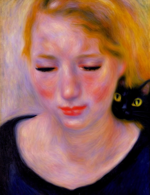Portrait of young woman with blonde hair and black cat on yellow background