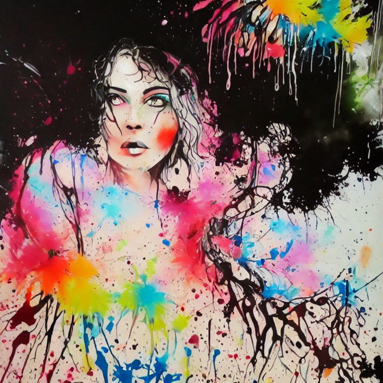 Colorful Abstract Painting of Woman's Face with Bright Ink Splashes