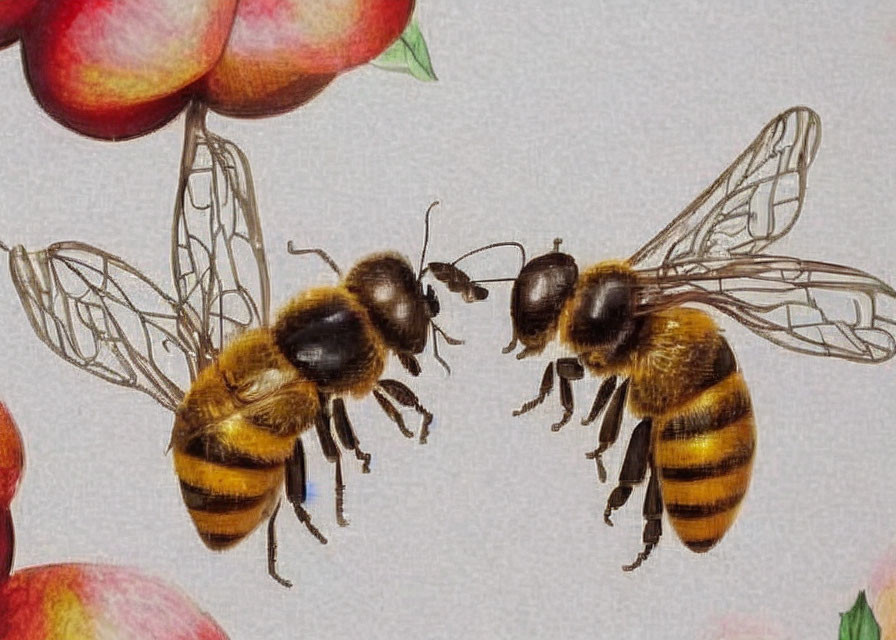Translucent-winged honeybees facing each other with sketched red fruits.