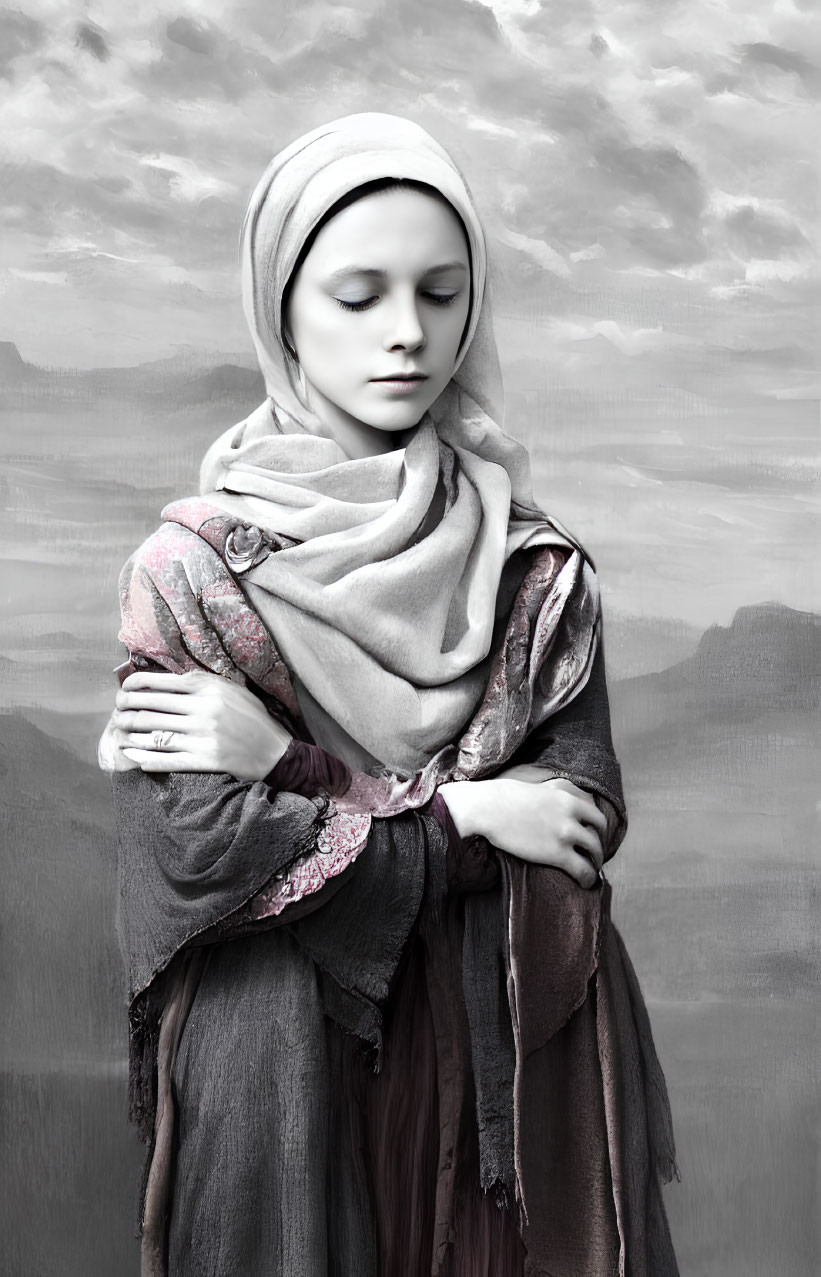 Monochromatic image of woman in headscarf with serene expression