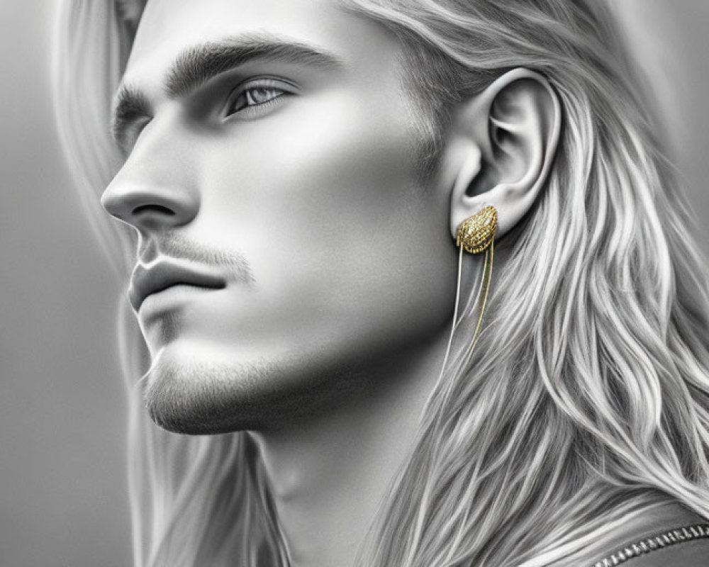 Monochromatic digital artwork of male figure with flowing hair
