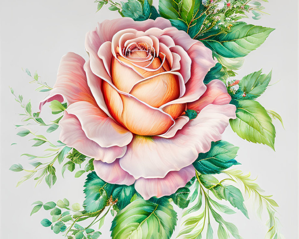 Detailed Pink Rose Illustration with Orange Center and Green Foliage