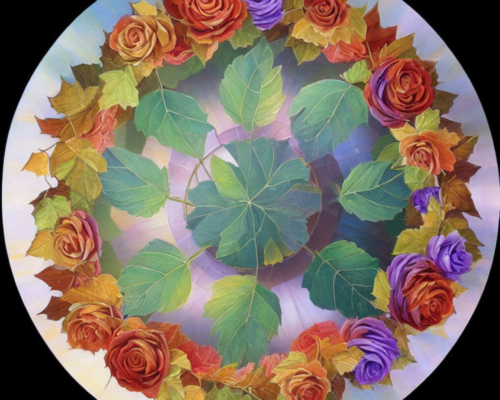 Circular Floral Mandala with Gradient Leaves and Ring of Roses in Red-Purple Shades
