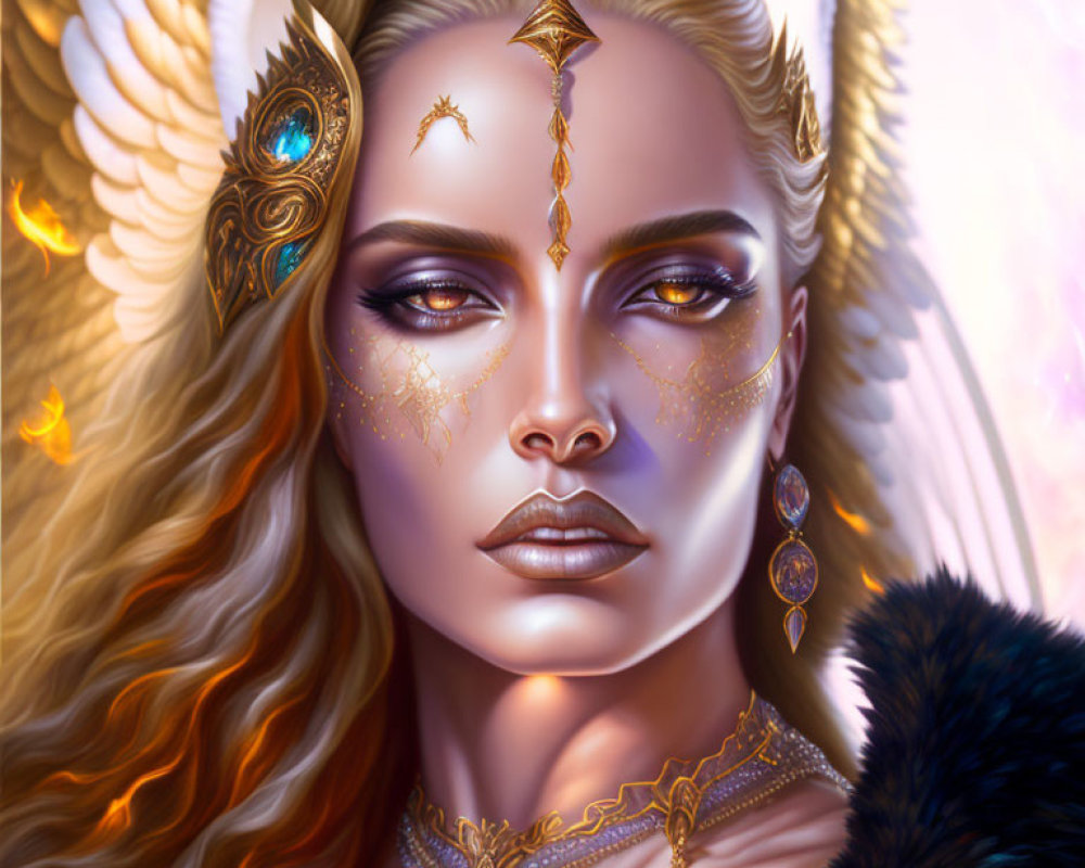 Fantasy-themed female illustration with golden jewelry and ornate headdress