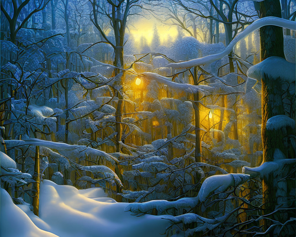 Snowy forest scene at dusk with warm light and intricate branches.