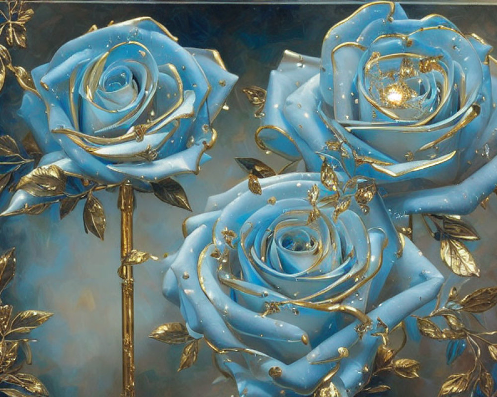 Blue Roses with Gold Accents on Blue Background