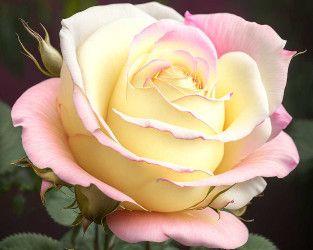 Delicate yellow and pink rose with soft petals and green leaves.