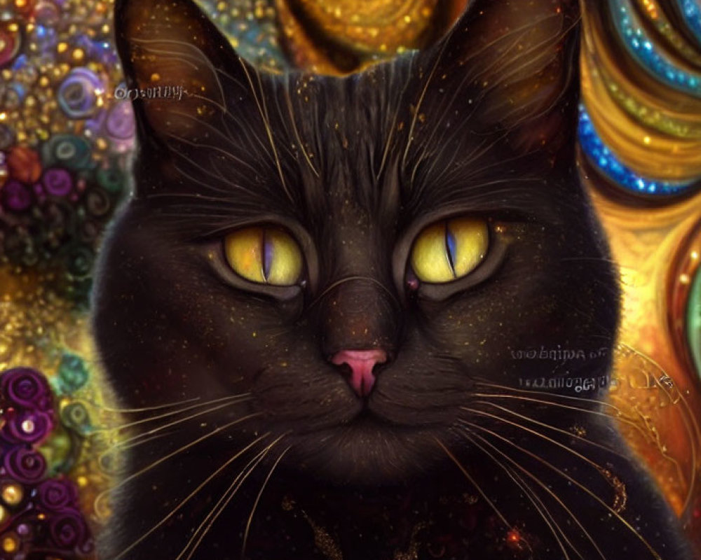 Black Cat with Yellow Eyes in Colorful Dreamlike Setting