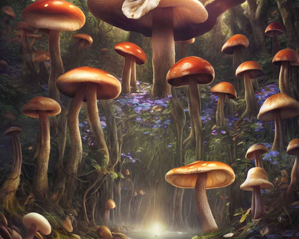 Enchanting forest scene with oversized luminous mushrooms