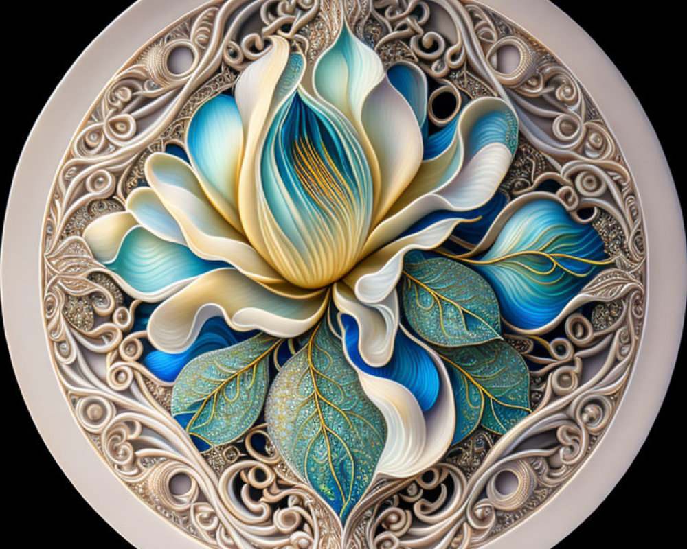 Circular Bas-Relief Sculpture of Lotus Flower in Blue, White, and Gold