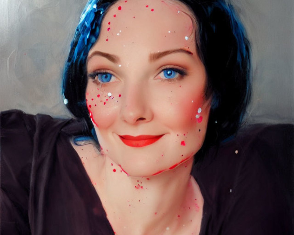 Woman with Blue Hair and Red Paint Splatters in Dark Top