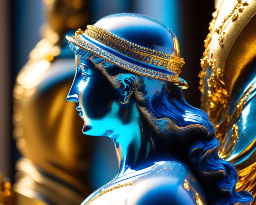 Blue and Gold Profile View Figurine of Woman with Elegant Headwear
