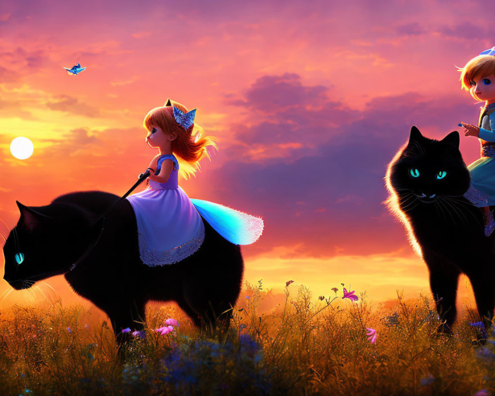 Children riding giant cats at sunset with vibrant skies and magical butterflies.