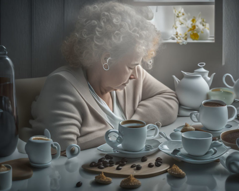 Elderly woman with curly white hair at cluttered table in contemplation
