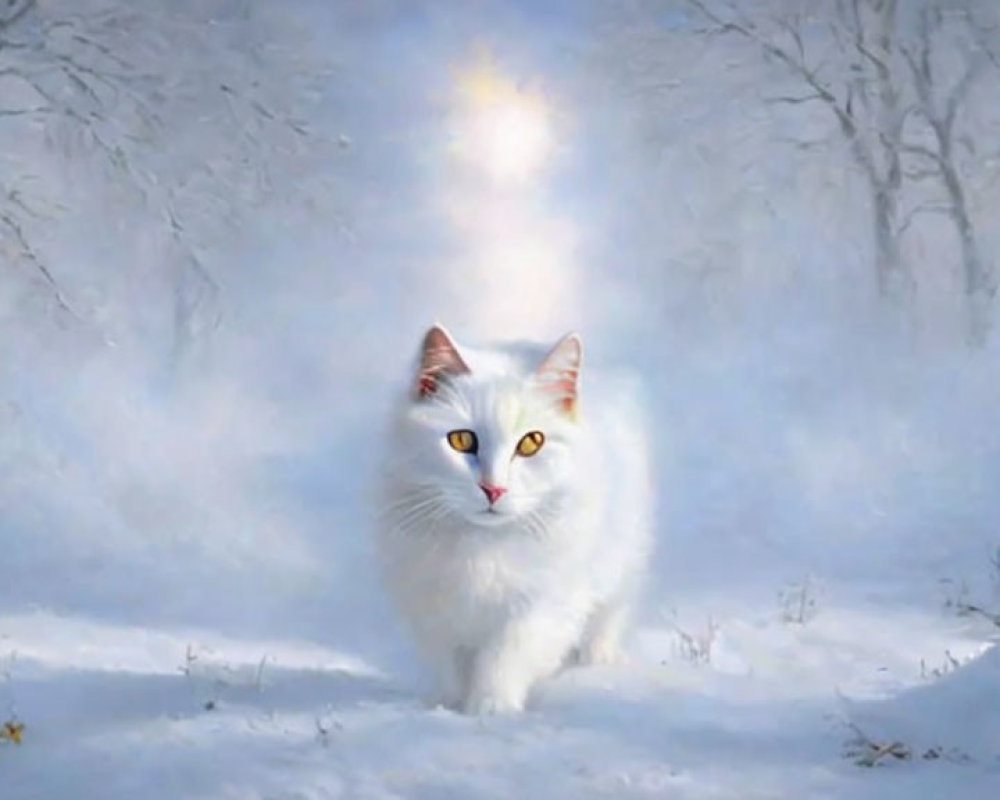 White cat with yellow eyes in snowy landscape with bare trees