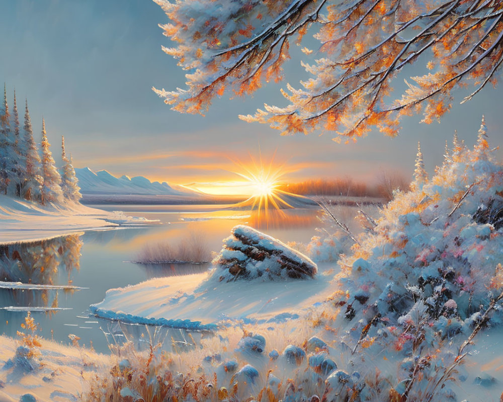 Snow-covered trees and frozen river at winter sunset