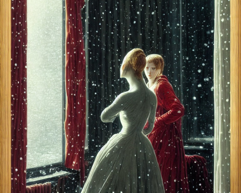 Portrait of a Woman in Grey Dress and Man in Red, Reflecting on Falling Snow