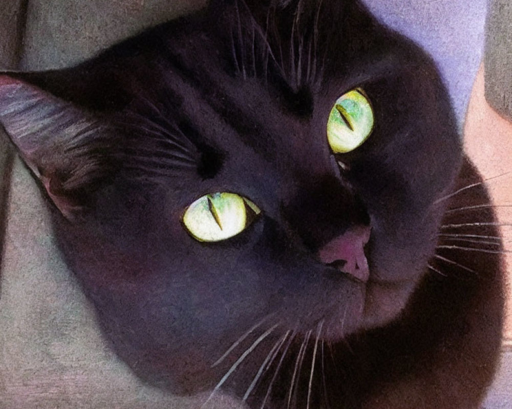 Black Cat with Green Eyes and Pink Nose on Multicolored Background