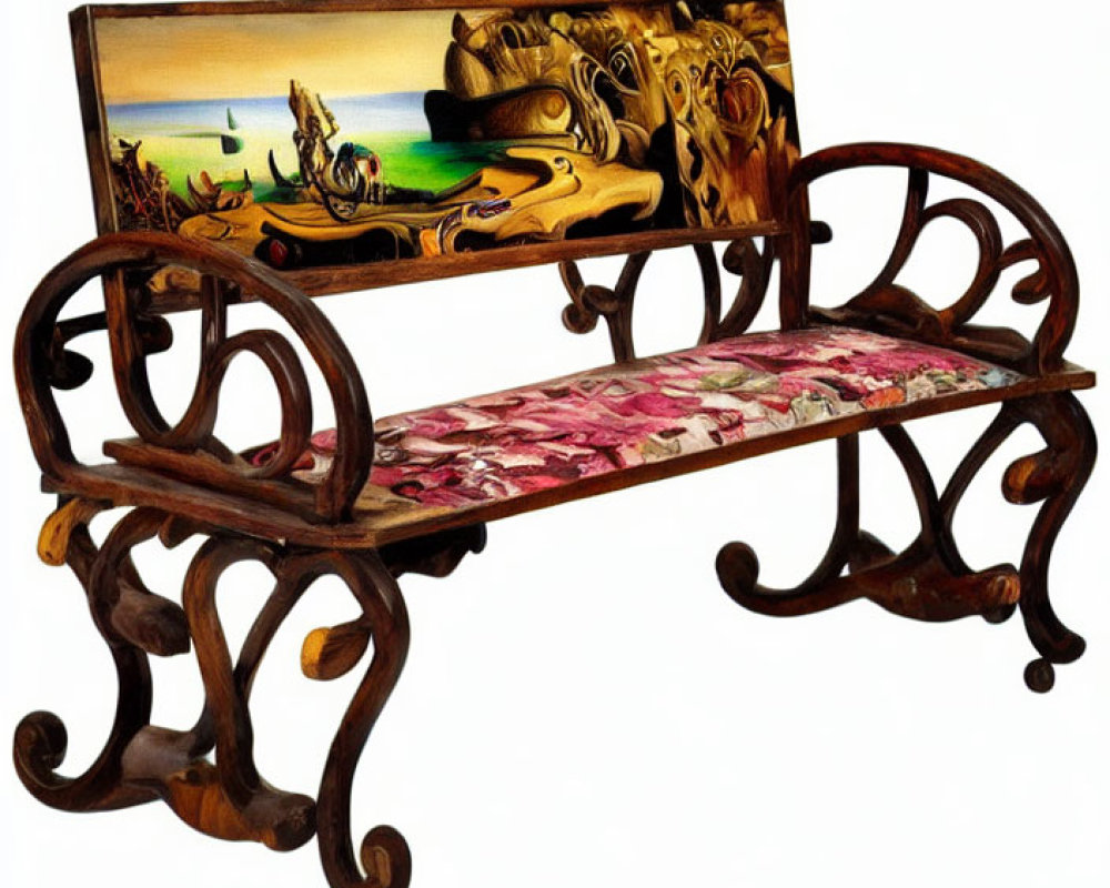 Vintage Wooden Bench with Metal Armrests, Floral Cushion, and Surrealist Painting Backrest