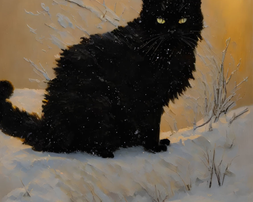 Black Cat with Bright Eyes Sitting on Snow-Covered Ground
