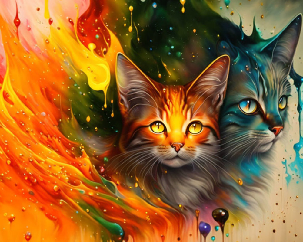 Colorful Abstract Art: Vibrant Cats in Bright Swirls