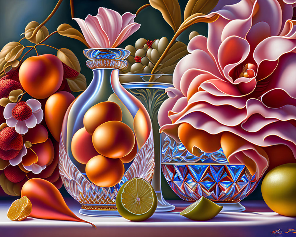 Colorful still life painting with crystal decanter, fruits, and flowers on dark background