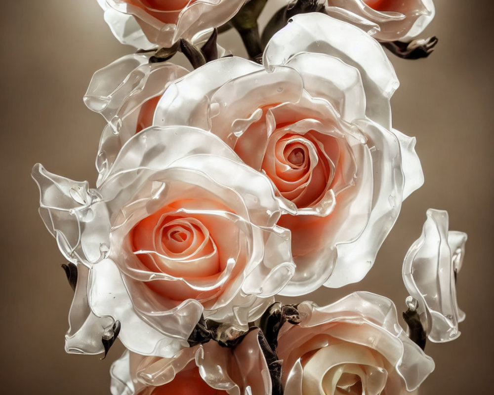 Porcelain-like roses in bloom against sepia background