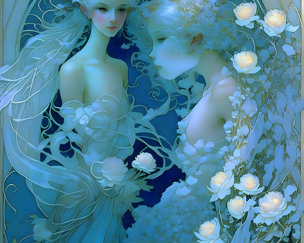 Ethereal figures in cool blue palette with intricate floral designs