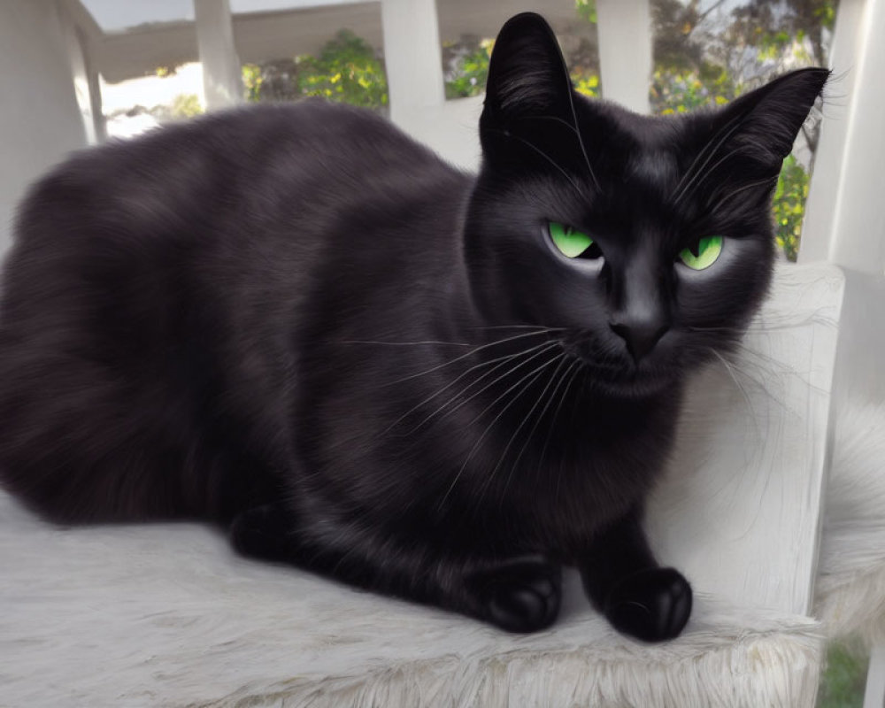 Black Cat with Green Eyes Lounging by Window Ledge