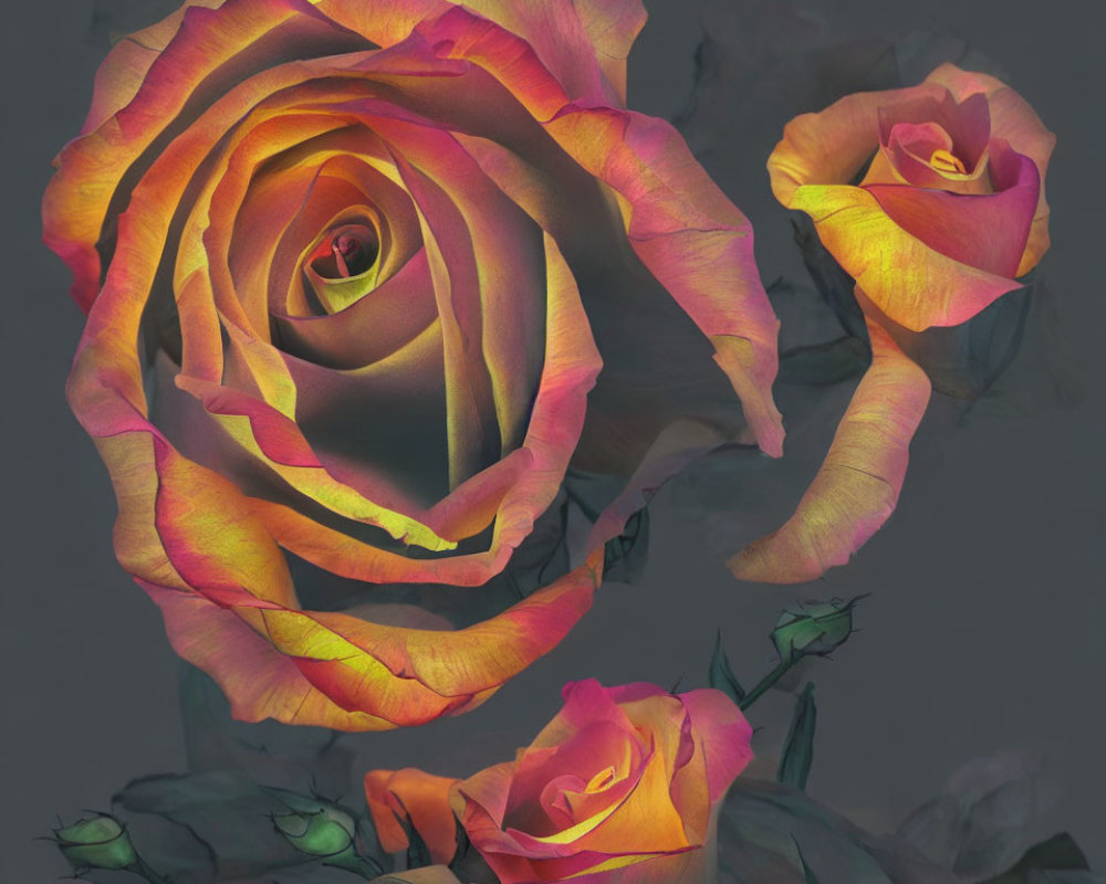 Vibrant multicolored roses on dark moody background