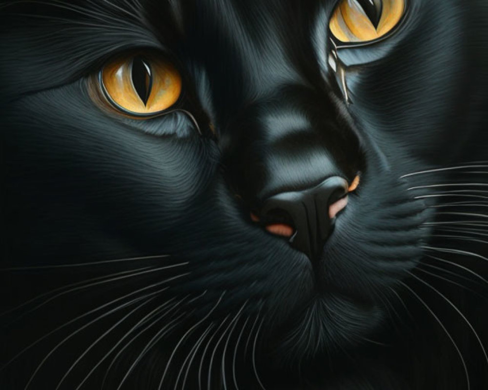 Realistic Black Cat Painting with Amber Eyes and Detailed Fur Texture