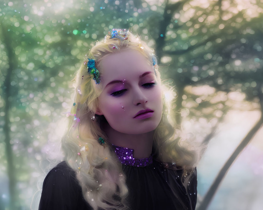 Blonde person in black outfit with glittering crown and dreamy expression against blurred forest background