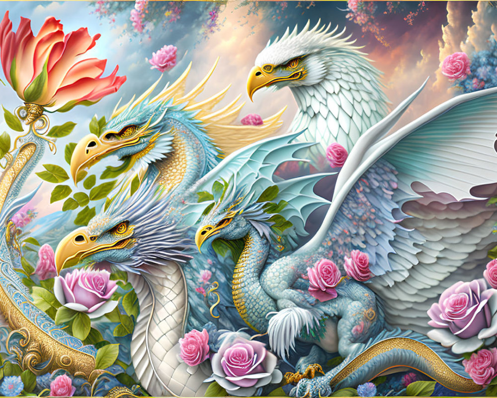 Fantasy artwork: Three blue dragons, pink roses, fluffy clouds, golden rose.