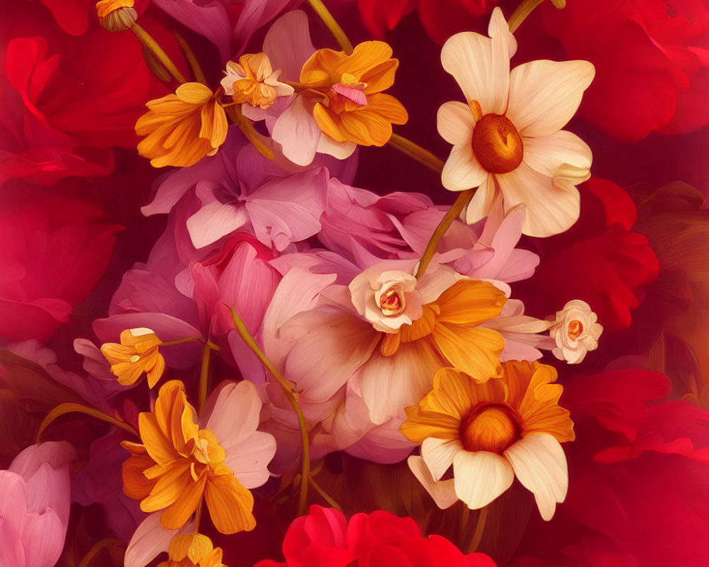 Colorful Pink and Red Petals with Yellow and White Daffodils in Floral Arrangement