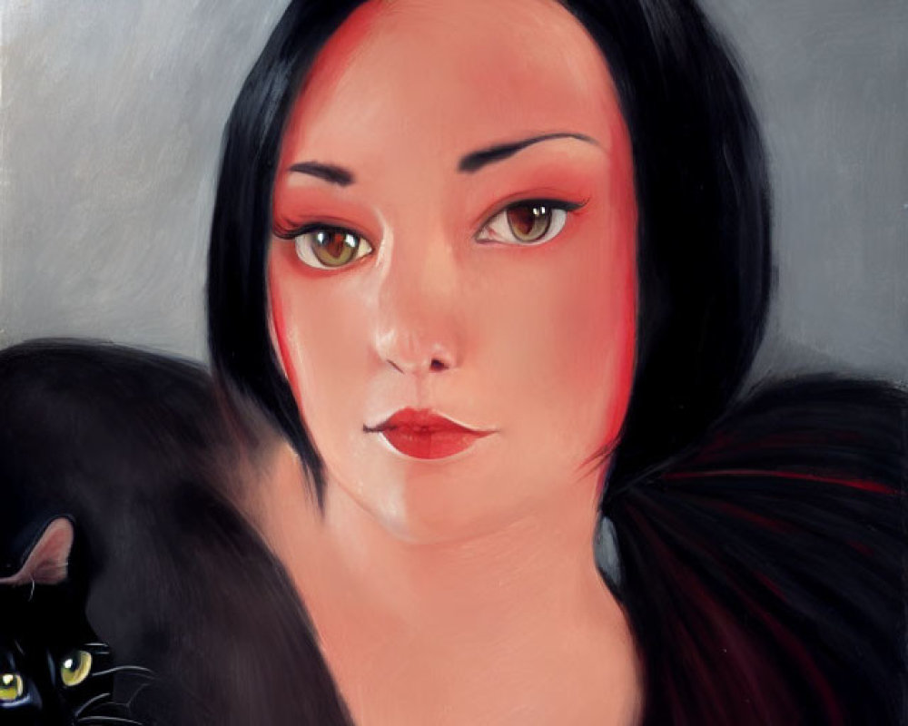 Portrait of Woman with Dark Hair and Red Eyes, Black Cat with Yellow Eyes