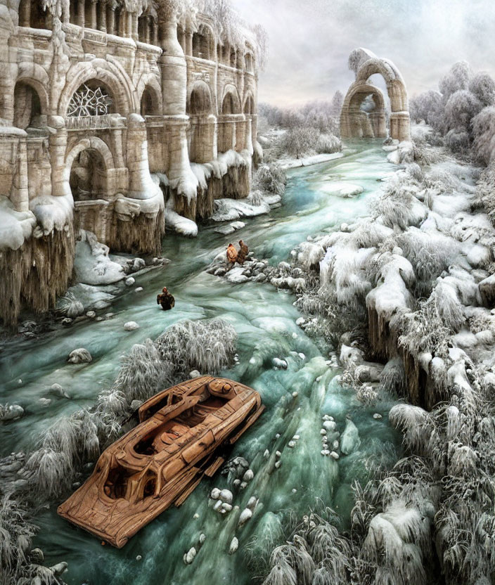 Frozen River Landscape with Abandoned Boat, Snowy Flora, Icy Ruins, Figures,