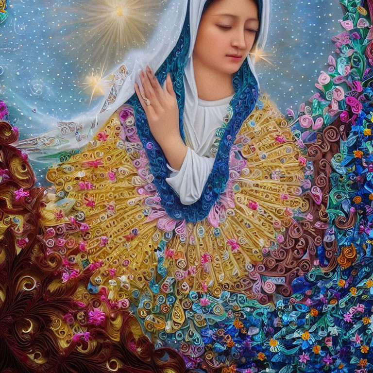 Serene woman in prayer with blue veil and golden robe amid colorful swirls.
