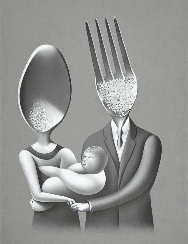 Surreal black and white illustration of couple with spoon and fork heads cradling a baby