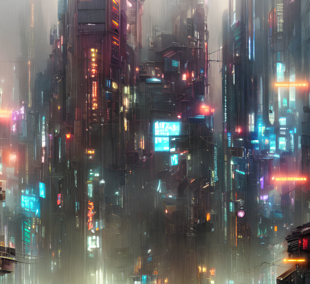 Futuristic cityscape at night: neon lights, misty skyscrapers, wet reflections