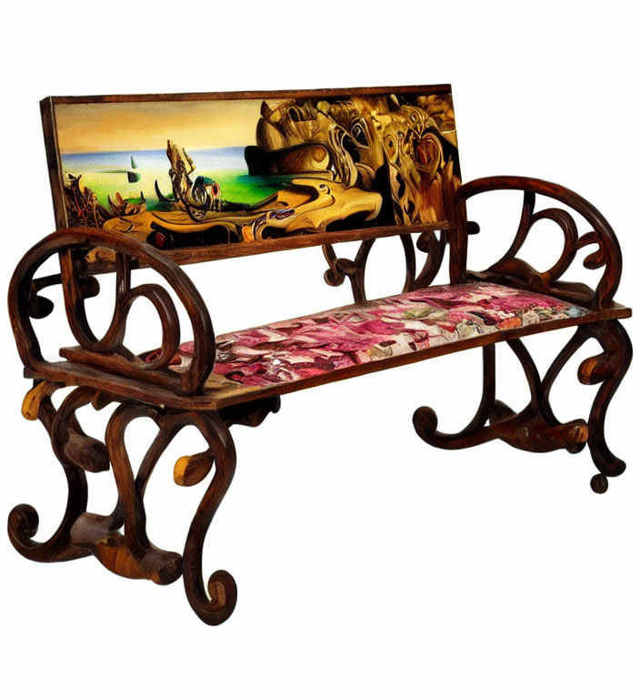 Vintage Wooden Bench with Metal Armrests, Floral Cushion, and Surrealist Painting Backrest