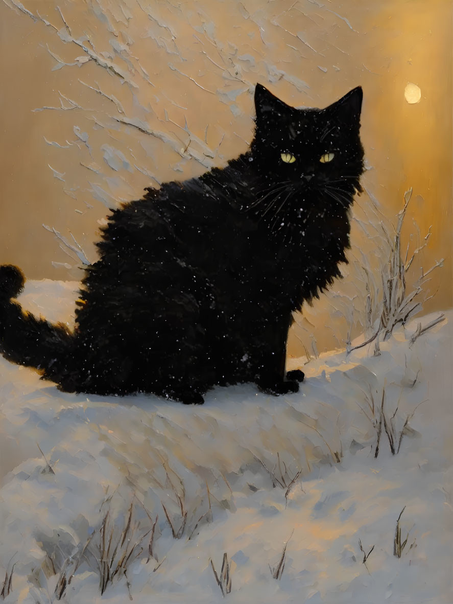 Black Cat with Bright Eyes Sitting on Snow-Covered Ground
