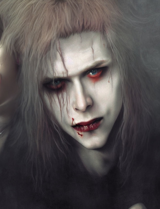 Pale vampire figure with white hair, red eyes, and blood stains.