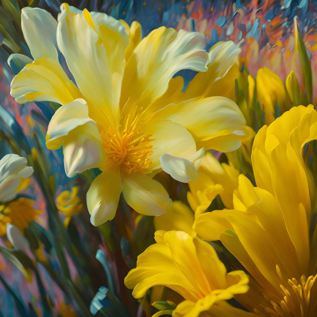 Yellow Flowers Against Multicolored Background: Artistic Brushstroke Effect