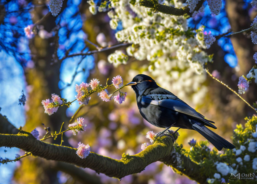 Bird perched on mossy branch amid pink blossoms under blue sky