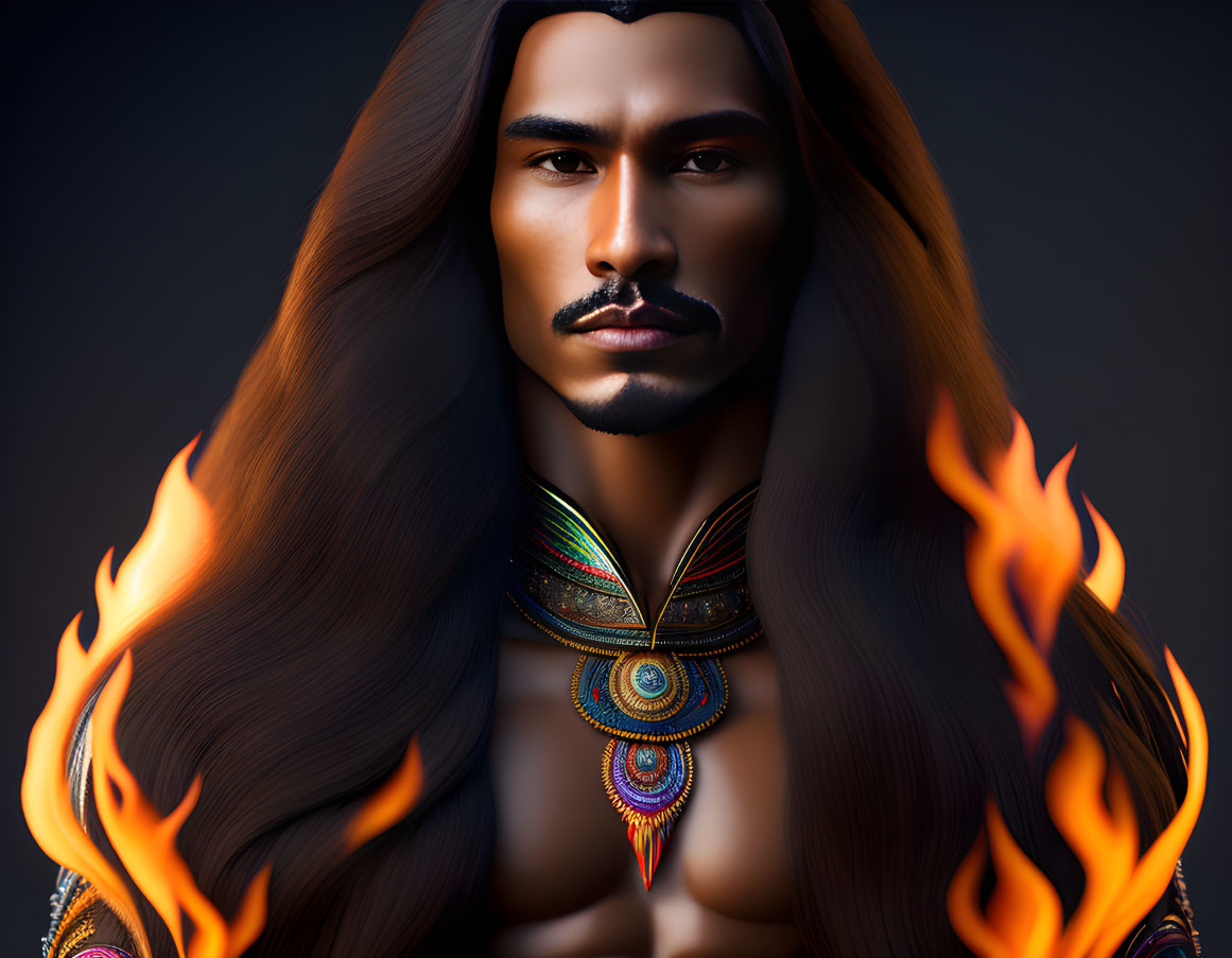 Digital portrait: Man with flowing hair & flame motifs, adorned with colorful neck ornamentation