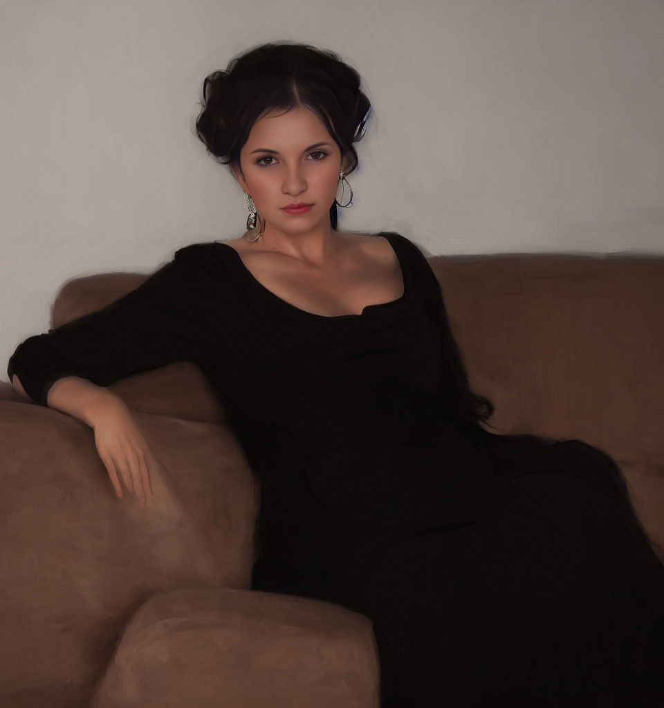 Woman with updo hairstyle in black dress sitting on brown couch.