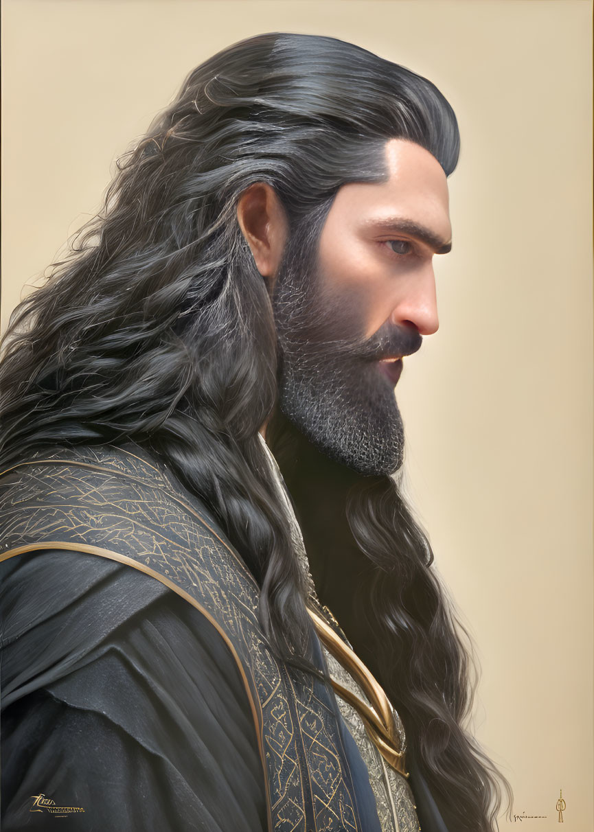 Digital portrait of noble man with long black hair, beard, prominent nose, ornate clothing in fantasy