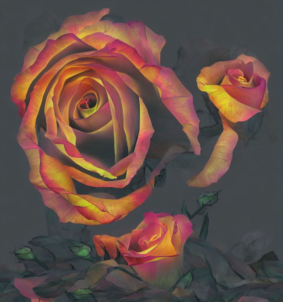 Vibrant multicolored roses on dark moody background