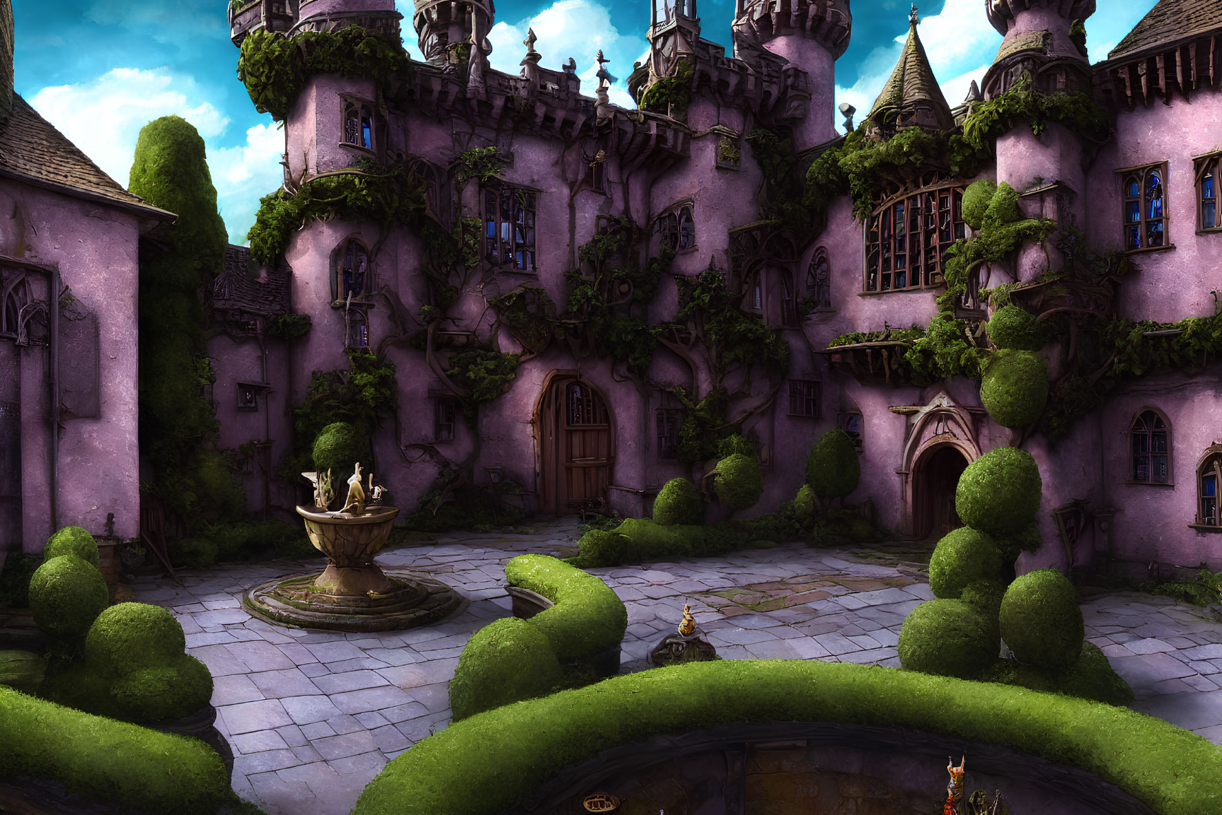 Purple Castle with Ivy-Covered Walls and Majestic Fountain