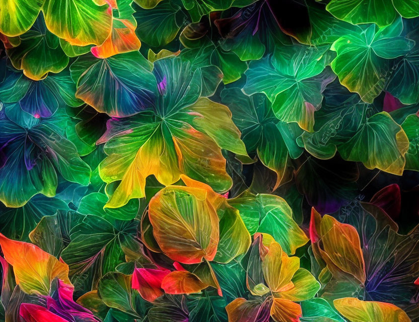 Colorful digital artwork: Overlapping neon leaves in green, yellow, and purple